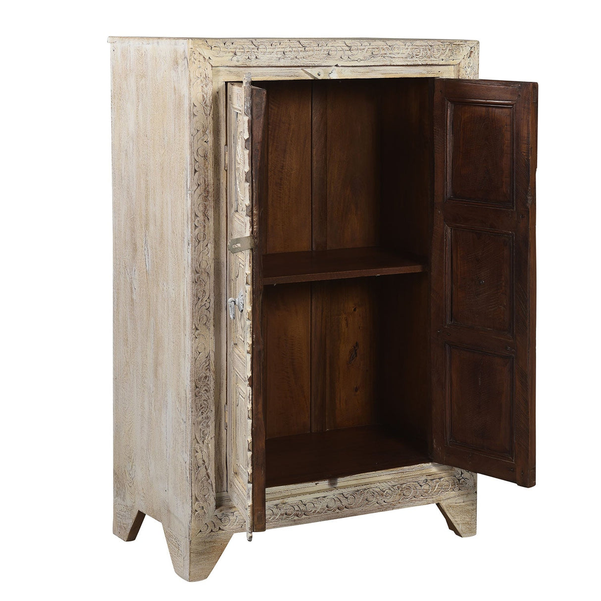 Farmhouse Style Distressed White 2 Door Carved Cabinet