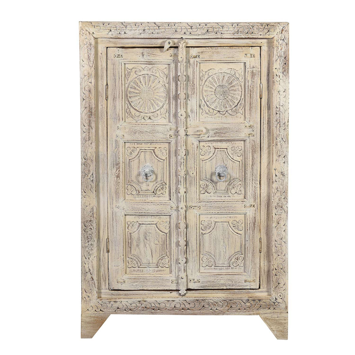 Farmhouse Style Distressed White 2 Door Carved Cabinet