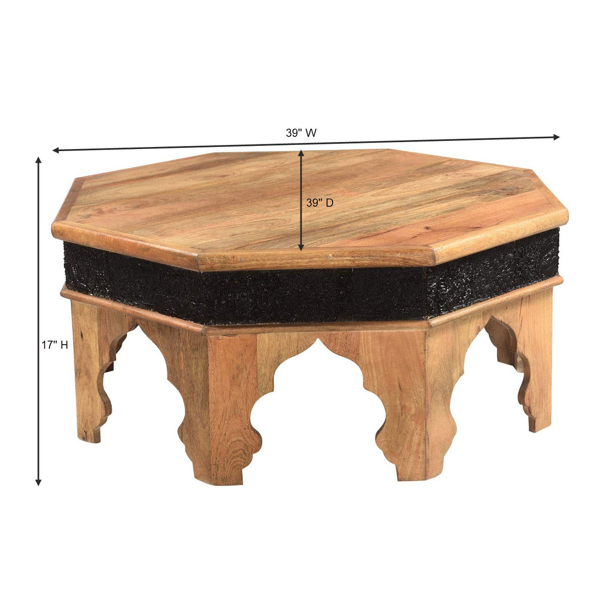 Mediterranean Style Solid Wood Hexagon Small Coffee Table With Carved Border