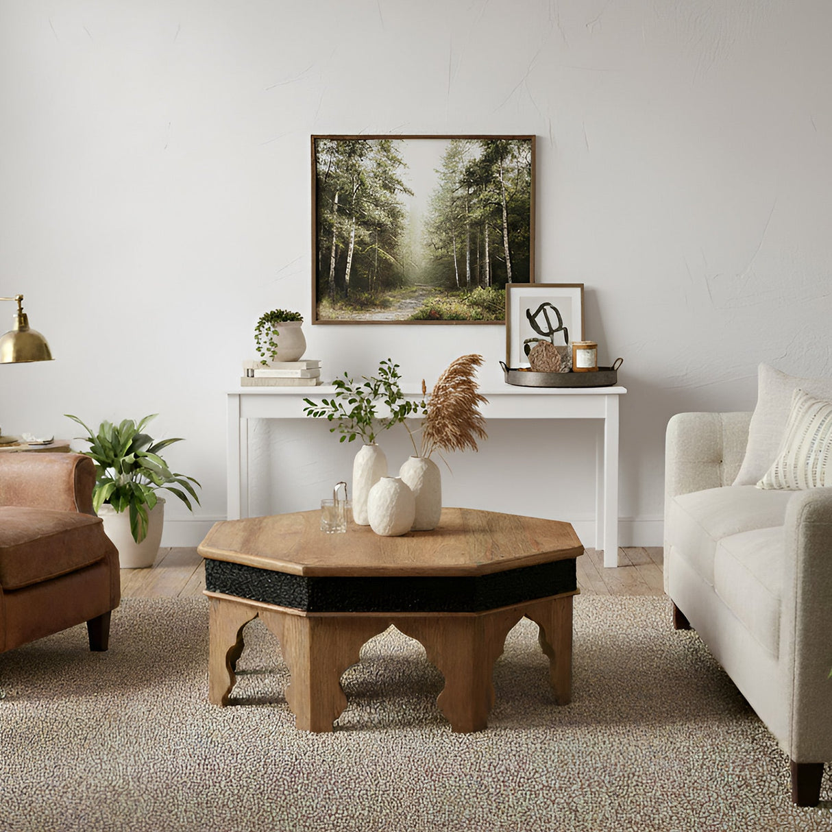 Mediterranean Style Solid Wood Hexagon Small Coffee Table With Carved Border