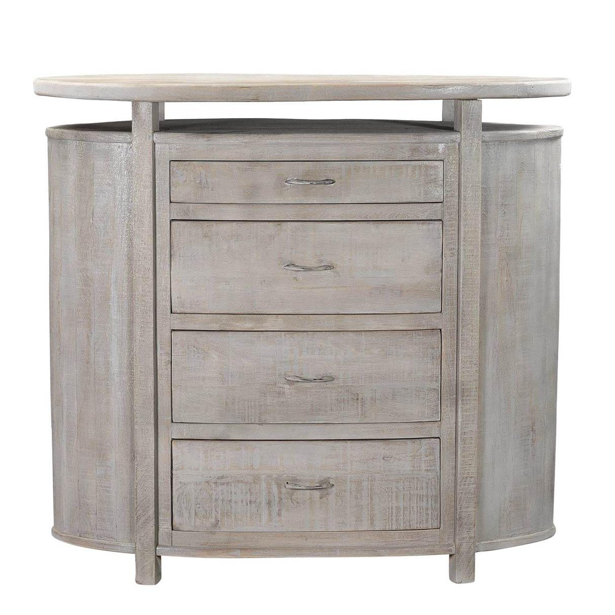 Mid Century Mod Oval 4 Drawers Solid Wood Dresser In Distressed White