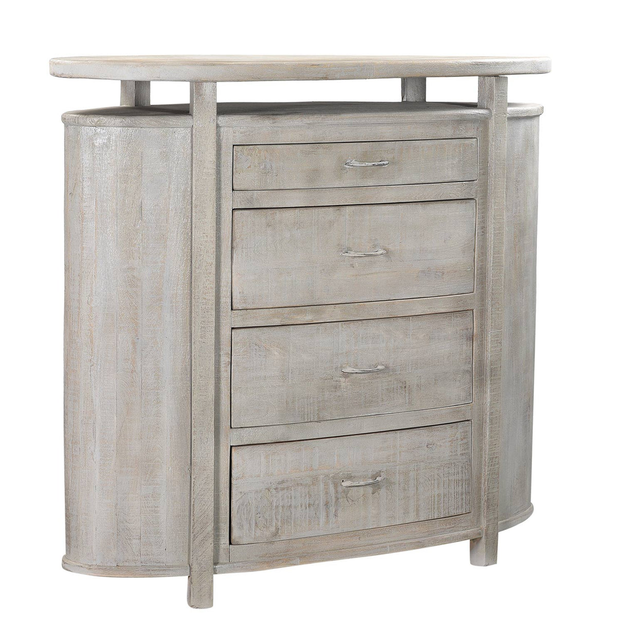 Mid Century Mod Oval 4 Drawers Solid Wood Dresser In Distressed White