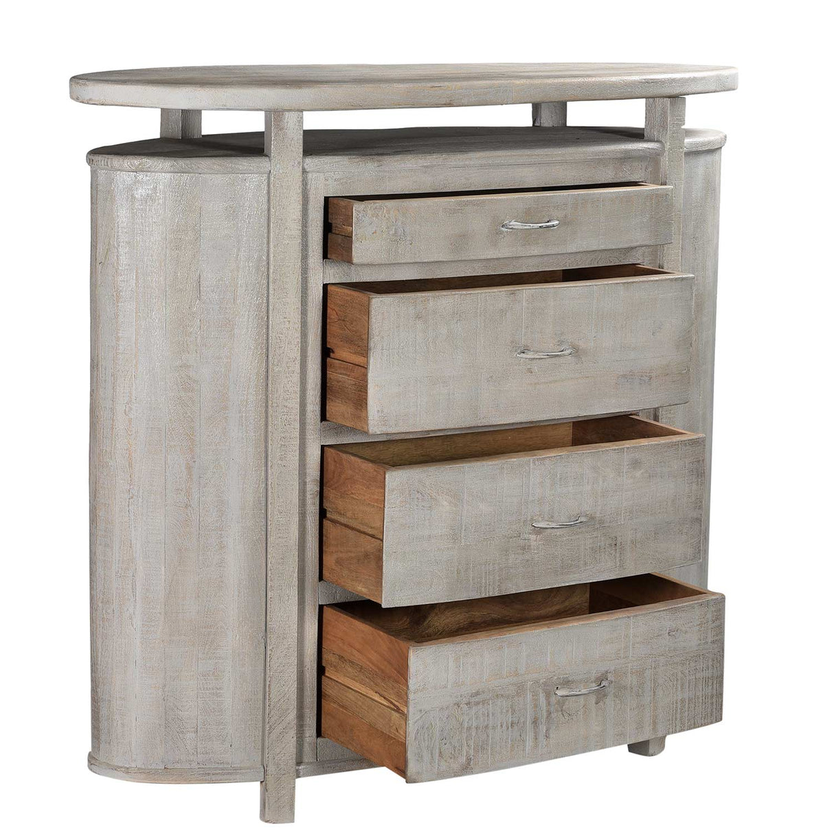 Mid Century Mod Oval 4 Drawers Solid Wood Dresser In Distressed White