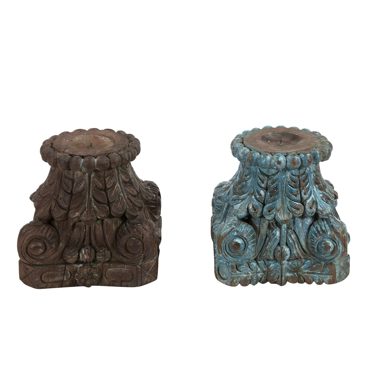 Antique Carved Wooden Column Base Distressed Candle Holder Riser