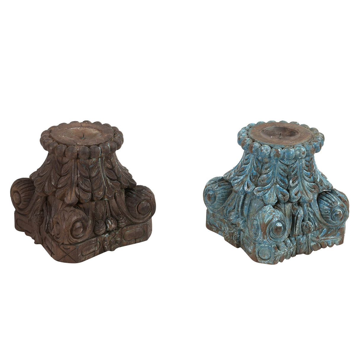 Antique Carved Wooden Column Base Distressed Candle Holder Riser