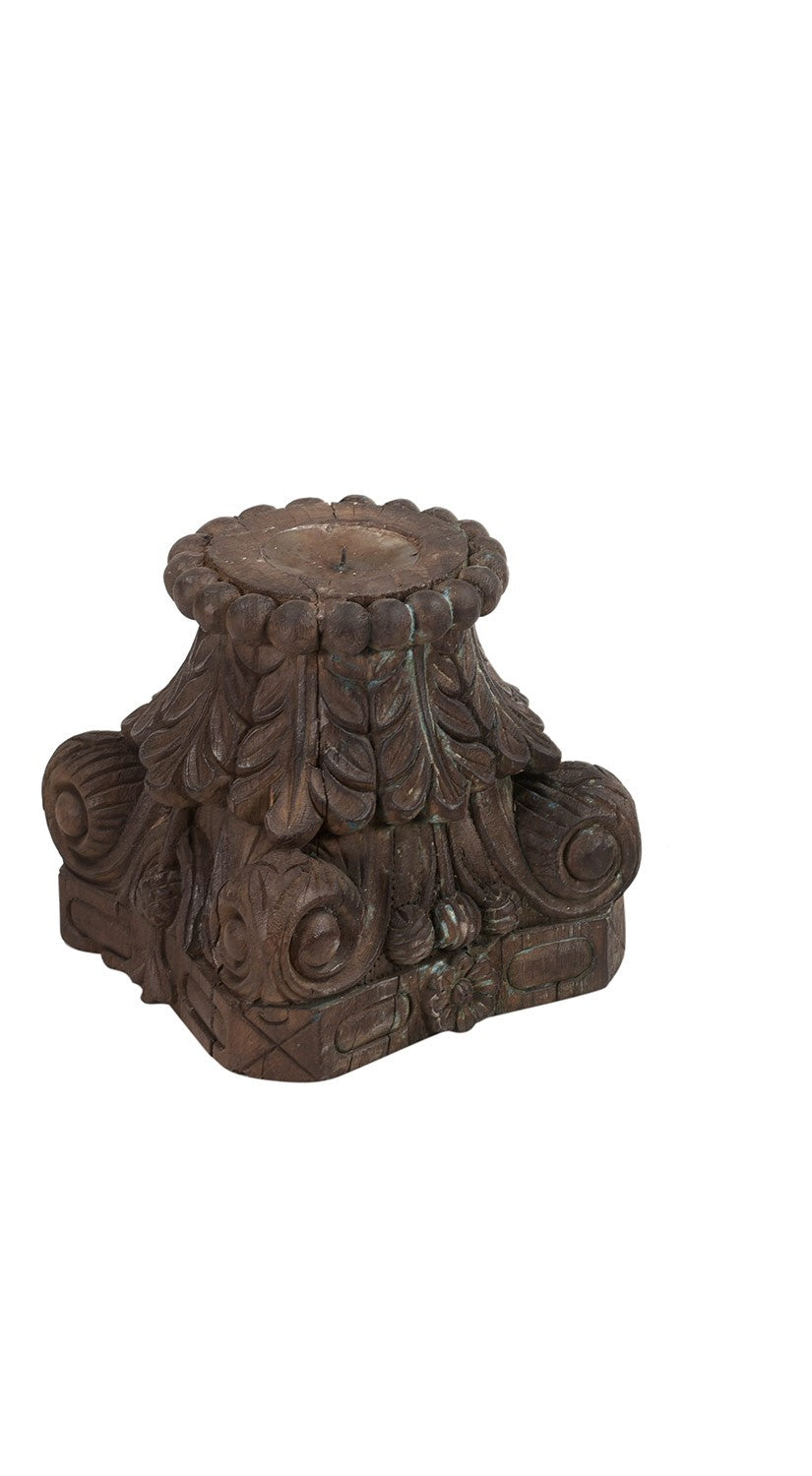 Antique Carved Wooden Column Base Distressed Candle Holder Riser