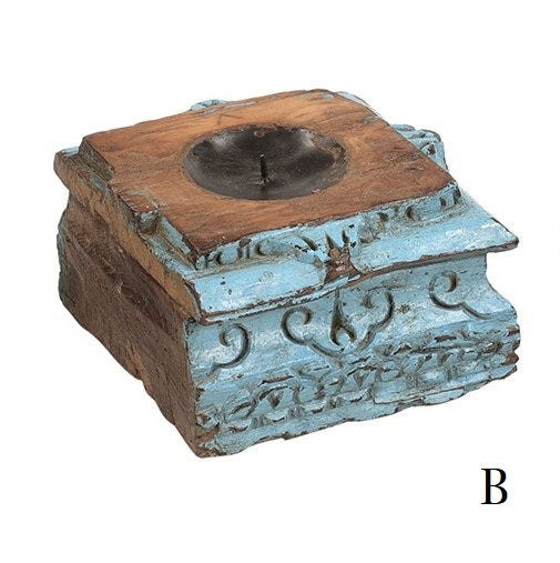 Distressed Carved Vintage Column Base Candle Holder Riser