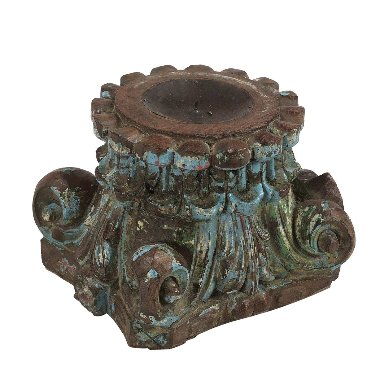 Distressed Blue Green Carved Antique Column Base Candle Holder Riser