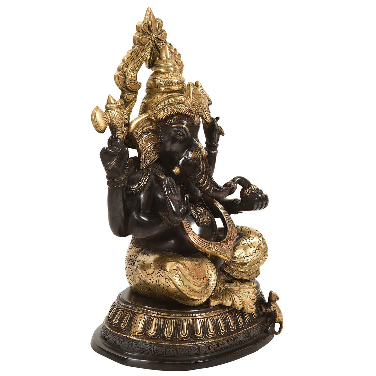 Eclectic 18" Tall Ganesha Brass Sculpture in Gold and Black Finish