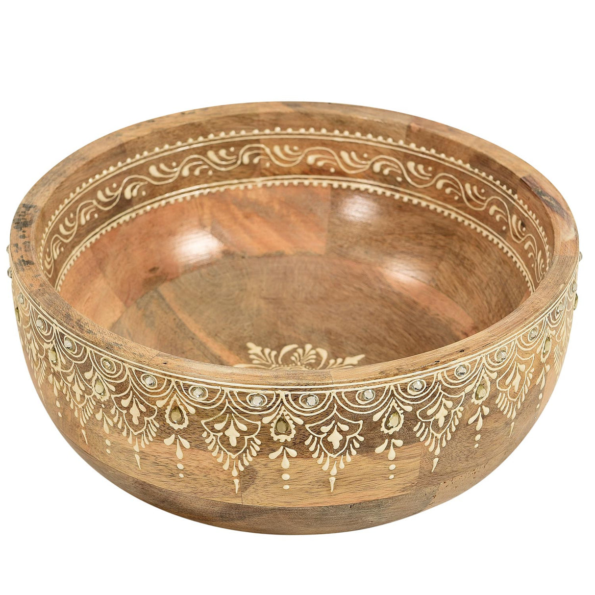 Modern Artistically Painted Wooden Round Fruit Bowl - Natural