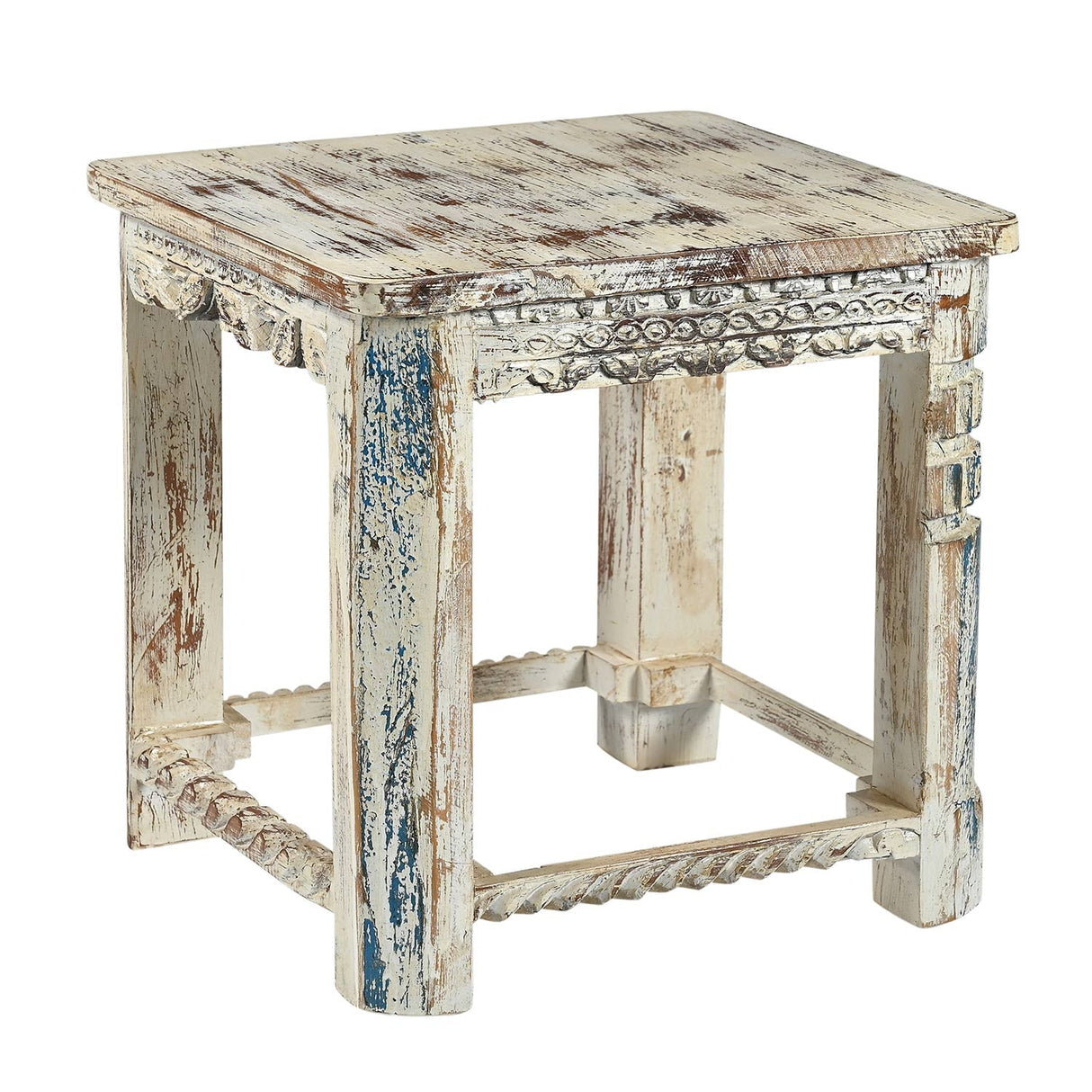 Farmhouse Style Hand Carved 20 in. Square Side Table in Distressed Finish