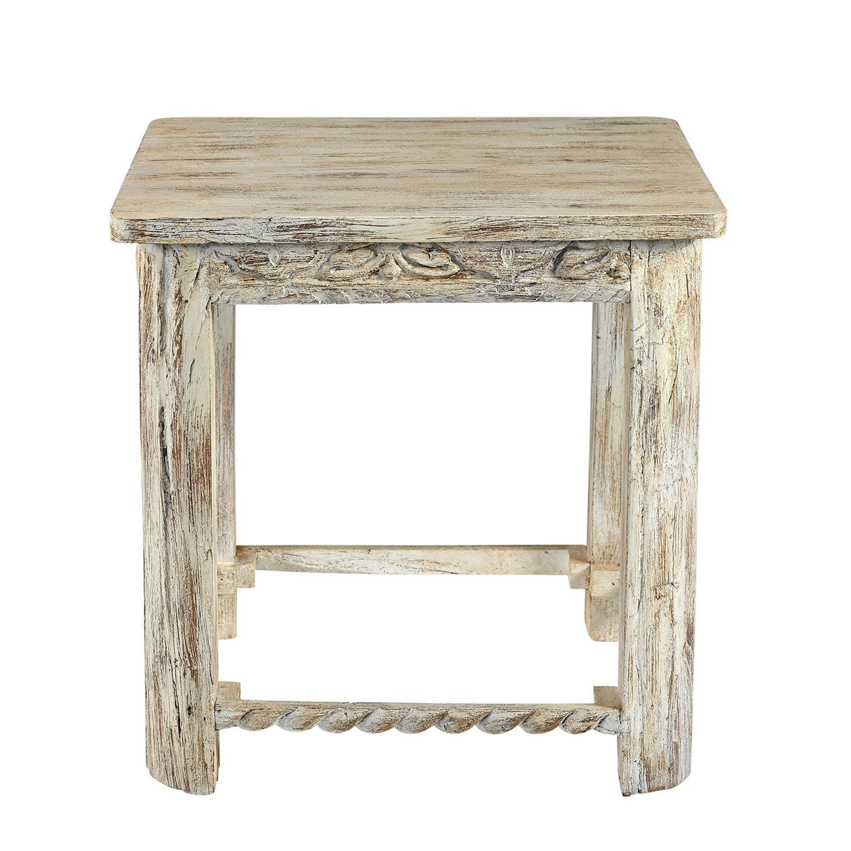 Farmhouse Style Hand Carved 20 in. Square Side Table in Distressed Finish