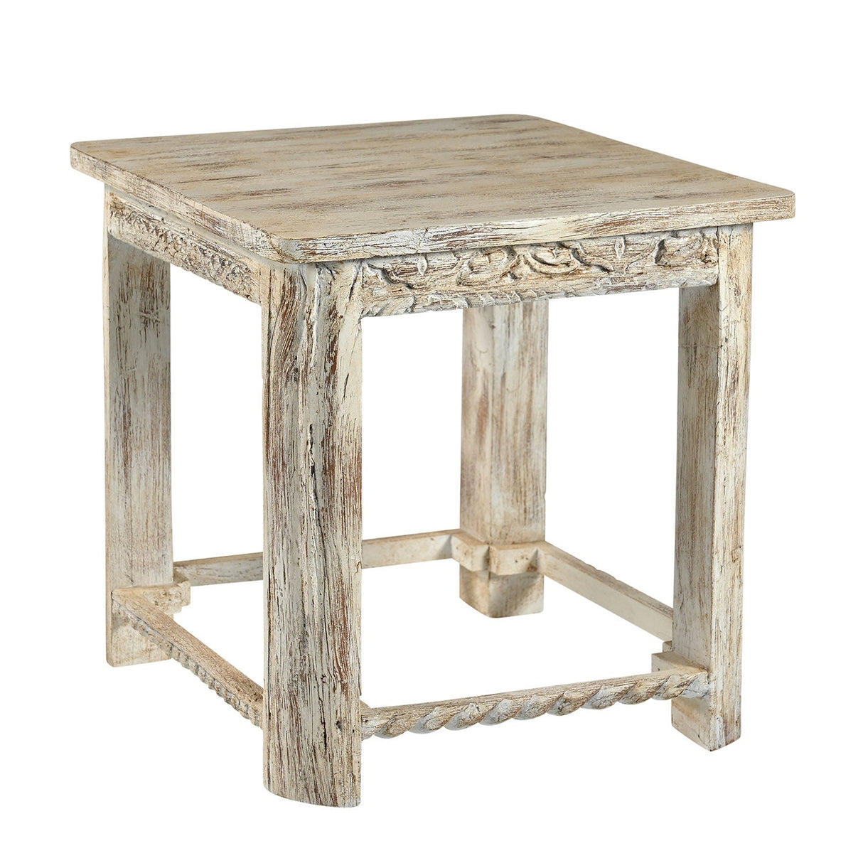 Farmhouse Style Hand Carved 20 in. Square Side Table in Distressed Finish