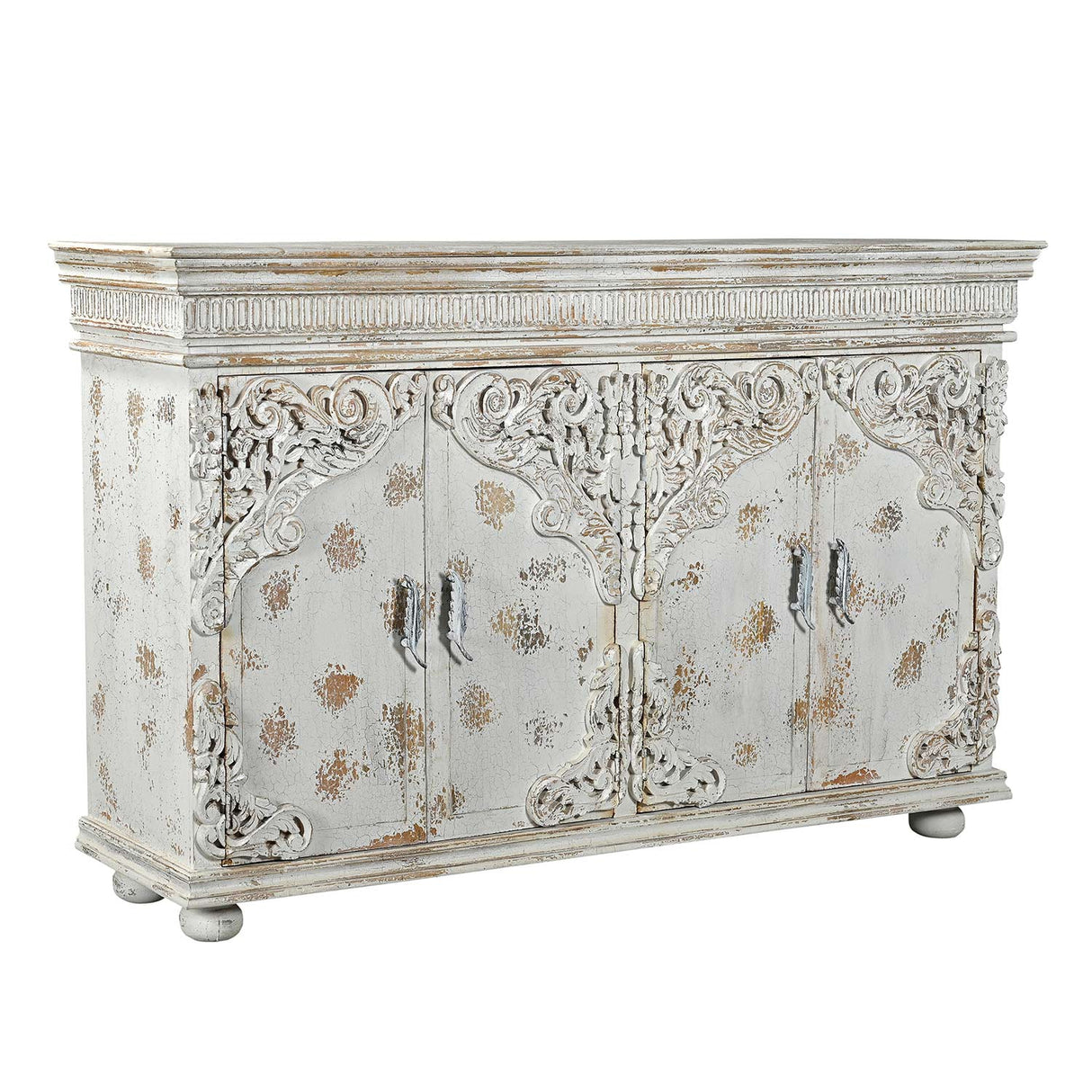 French Style Carved Doors 80 Inches Large Hand Painted White Sideboard Cabinet