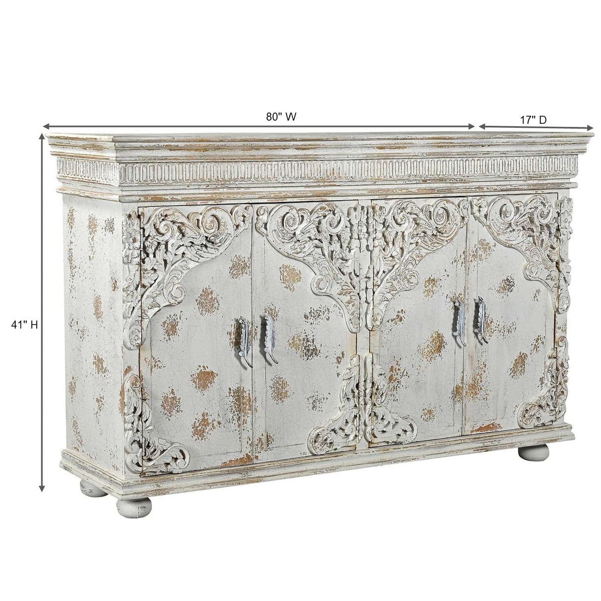 French Style Carved Doors 80 Inches Large Hand Painted White Sideboard Cabinet