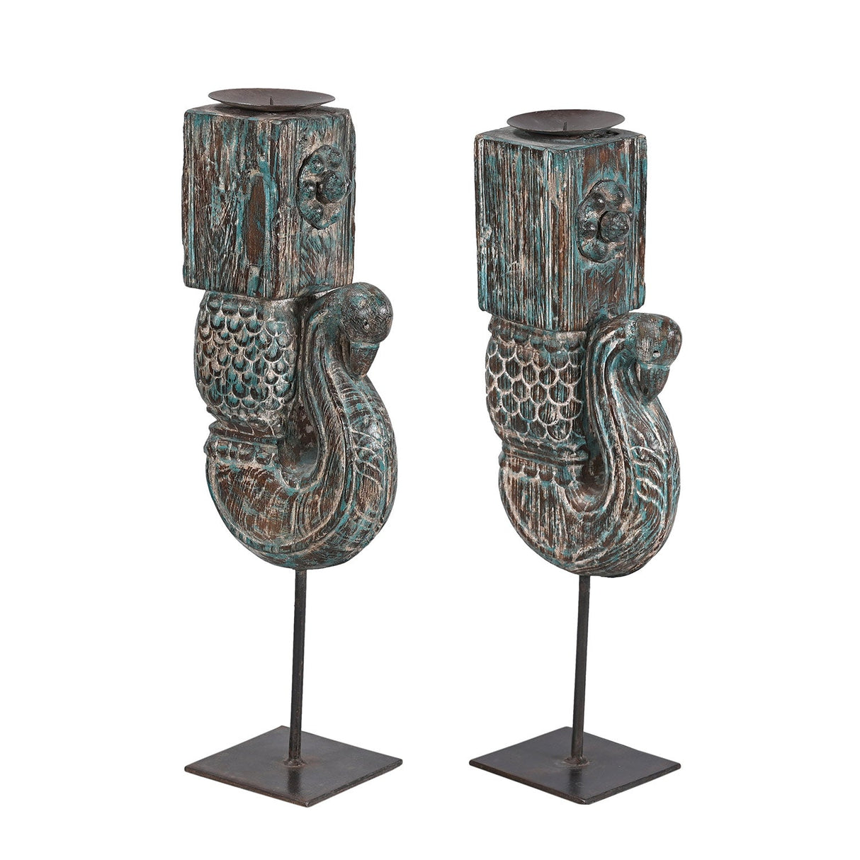 Antique Peacock Carved Corbel Repurposed 22 in. Tall Candle Holders - Set of 2