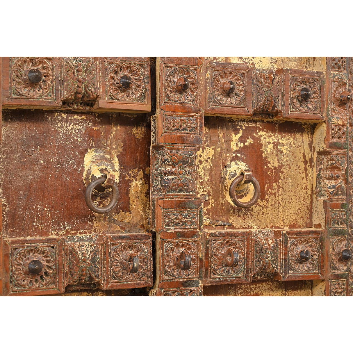 Antique Hand Carved Teak Wood Distressed Painted Surati Door Wall Art