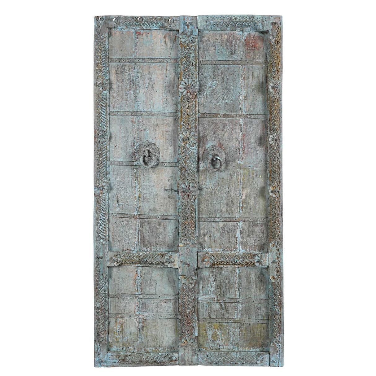 Early 1900s Hand Carved Antique Indian Door With Distressed Blue Patina