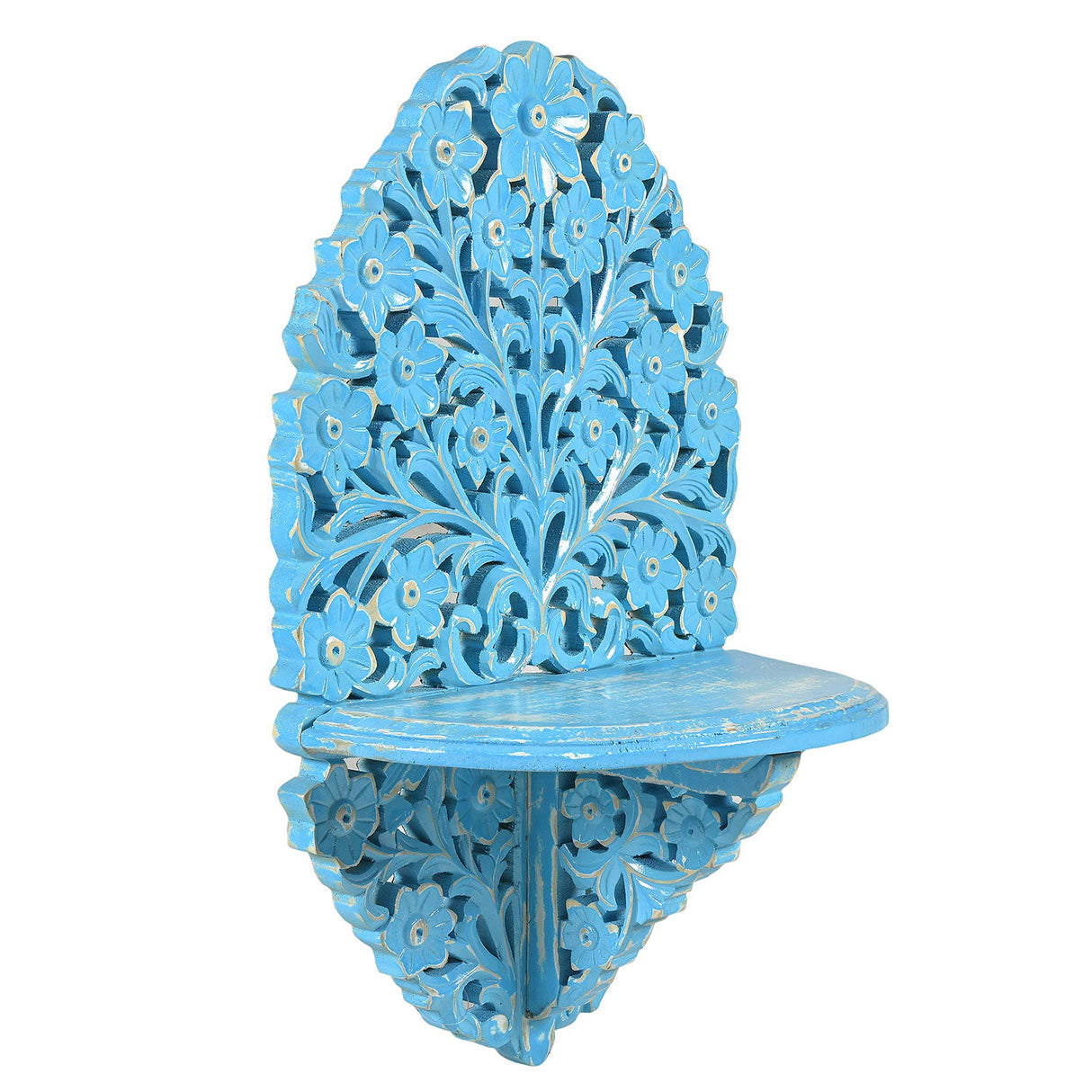 Farmhouse Style Distressed Blue Wooden Lattice Wall Display Shelf