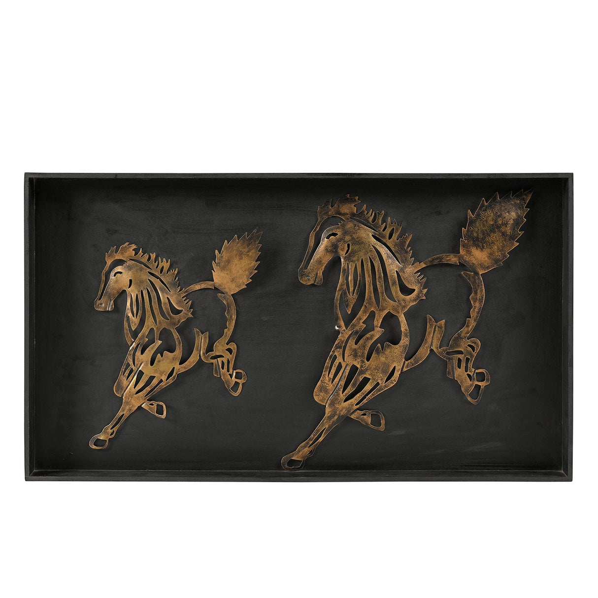 Eclectic Metal Galloping Horses In Wooden Frame Wall Art