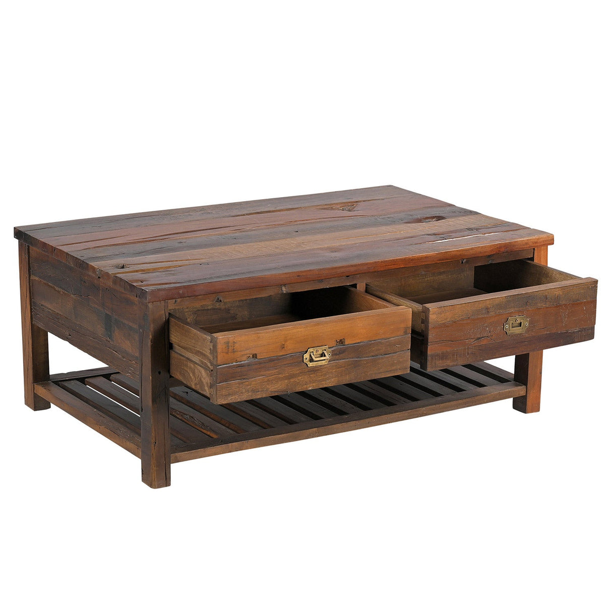 Country Style Distressed Spalted Wood Coffee Table With Drawers