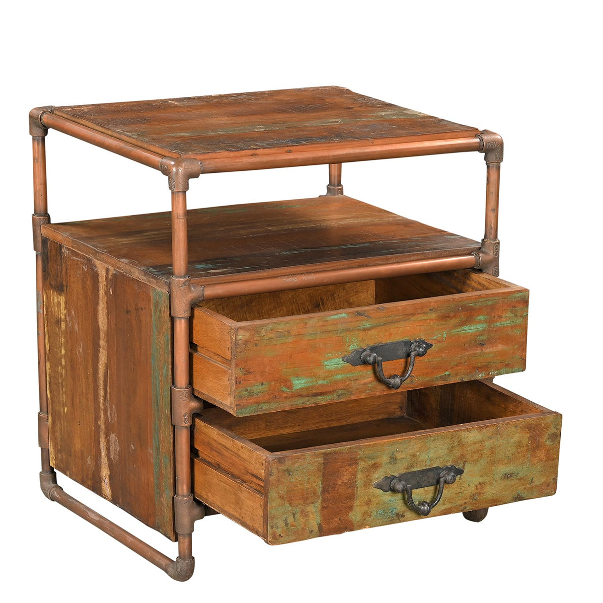 Eclectic Reclaimed Wood And Copper Pipes Repurposed 22 in. Wide Nightstand With Drawers