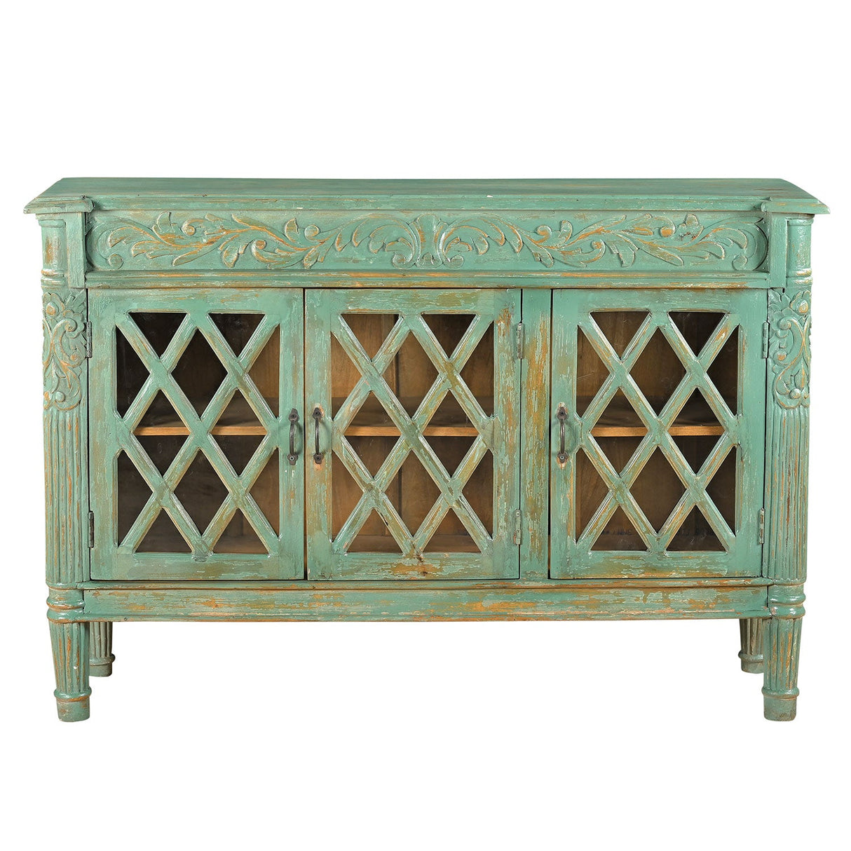 Farmhouse Style Distressed Blue Carved 60 in. Large Sideboard With Glass Doors