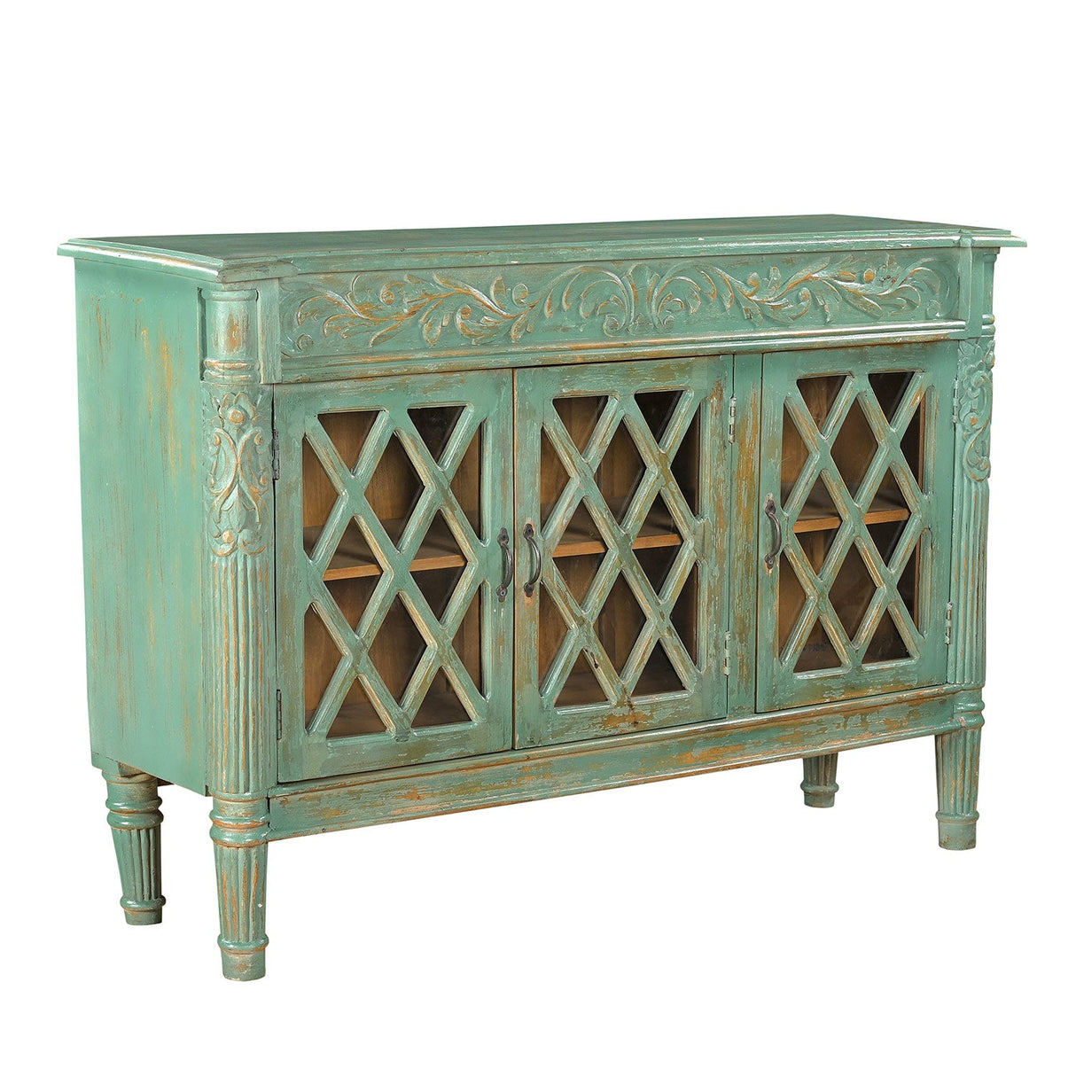 Farmhouse Style Distressed Blue Carved 60 in. Large Sideboard With Glass Doors