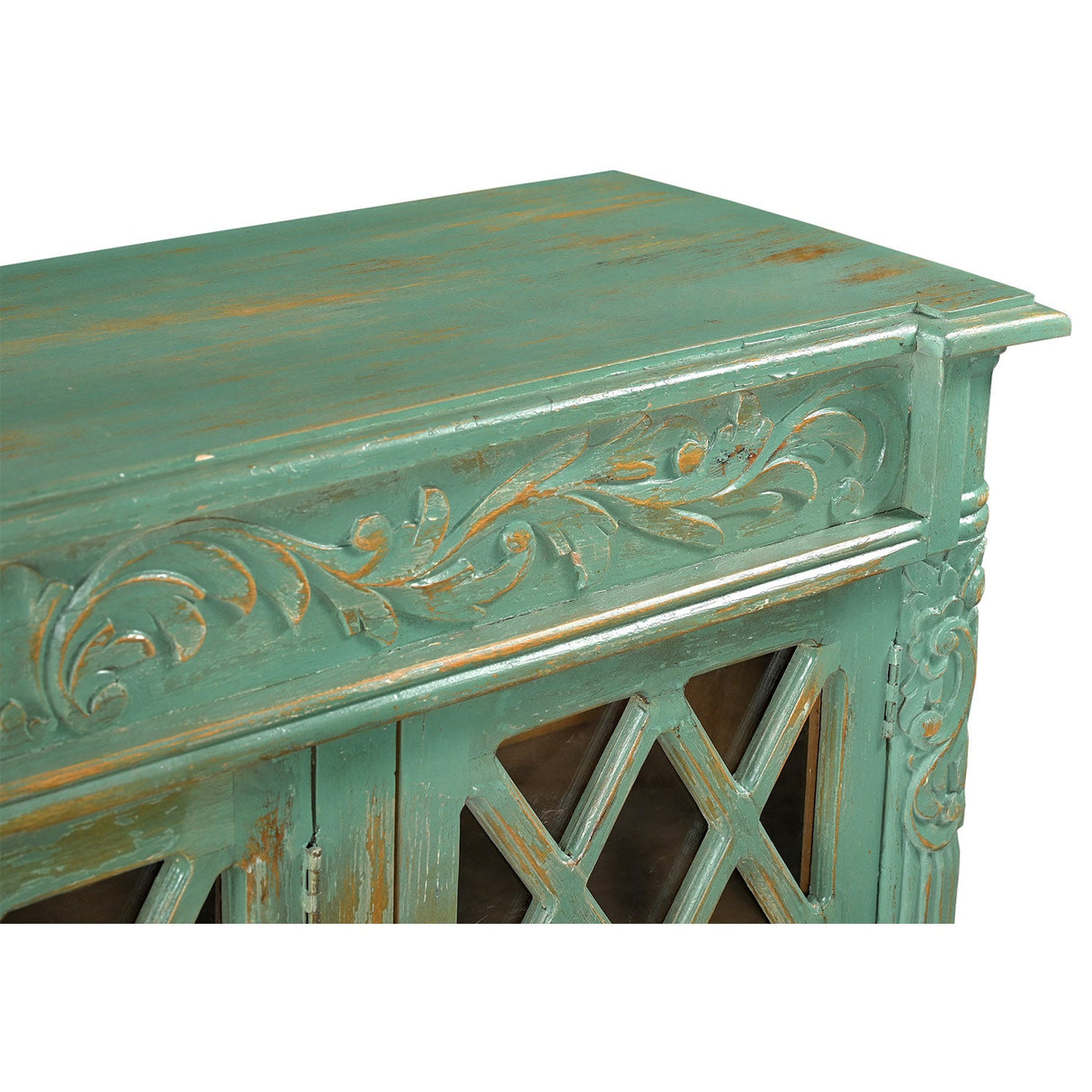 Farmhouse Style Distressed Blue Carved 60 in. Large Sideboard With Glass Doors