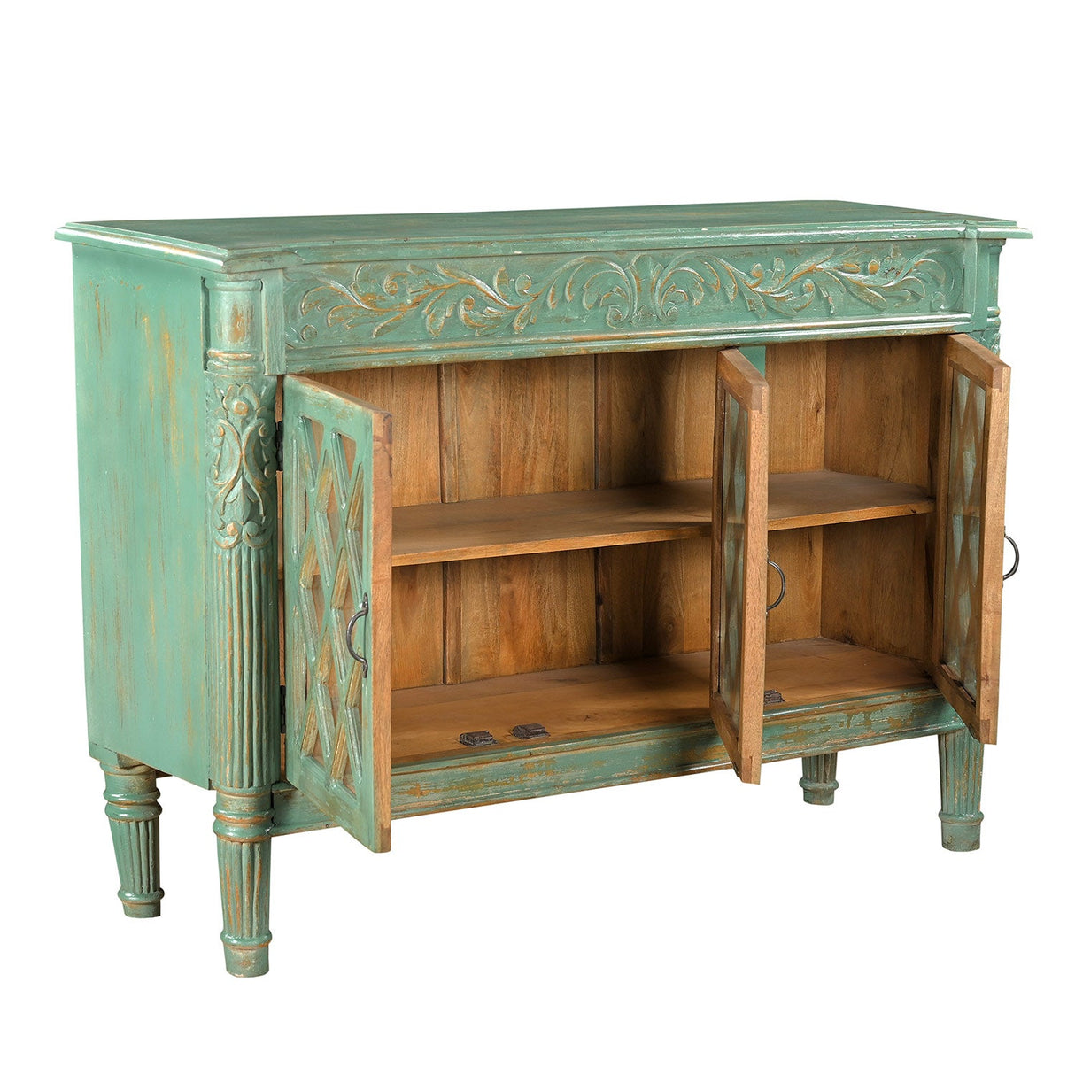 Farmhouse Style Distressed Blue Carved 60 in. Large Sideboard With Glass Doors