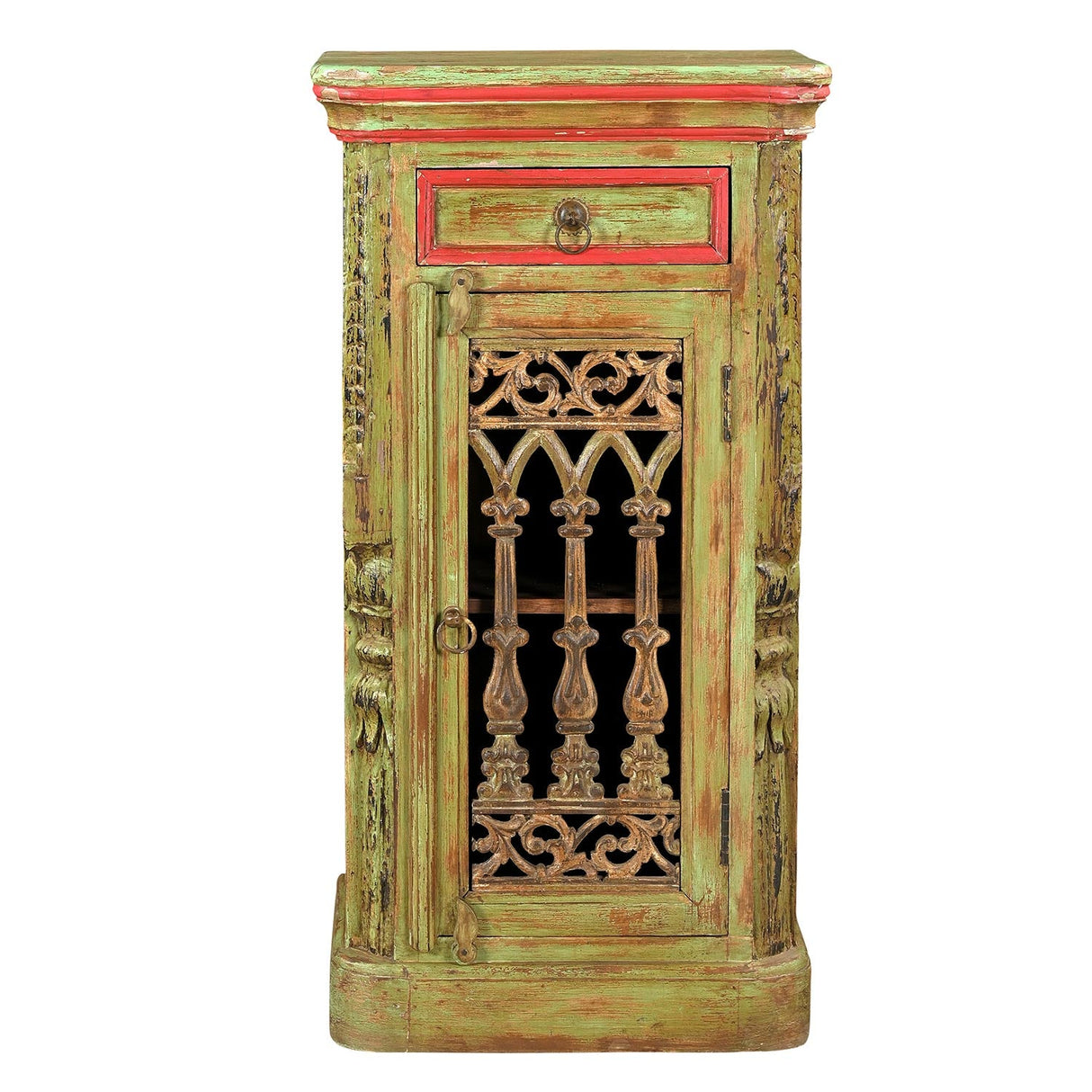 Farmhouse Style Reclaimed Wood 40 in. Tall Distressed Green Cabinet With Iron Grill