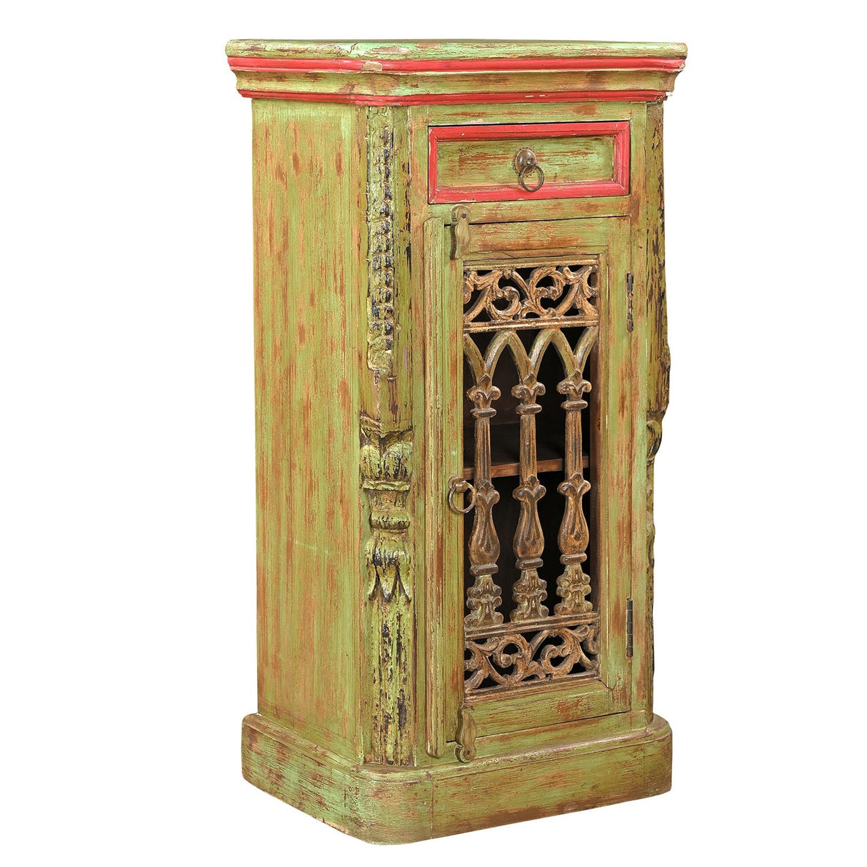 Farmhouse Style Reclaimed Wood 40 in. Tall Distressed Green Cabinet With Iron Grill