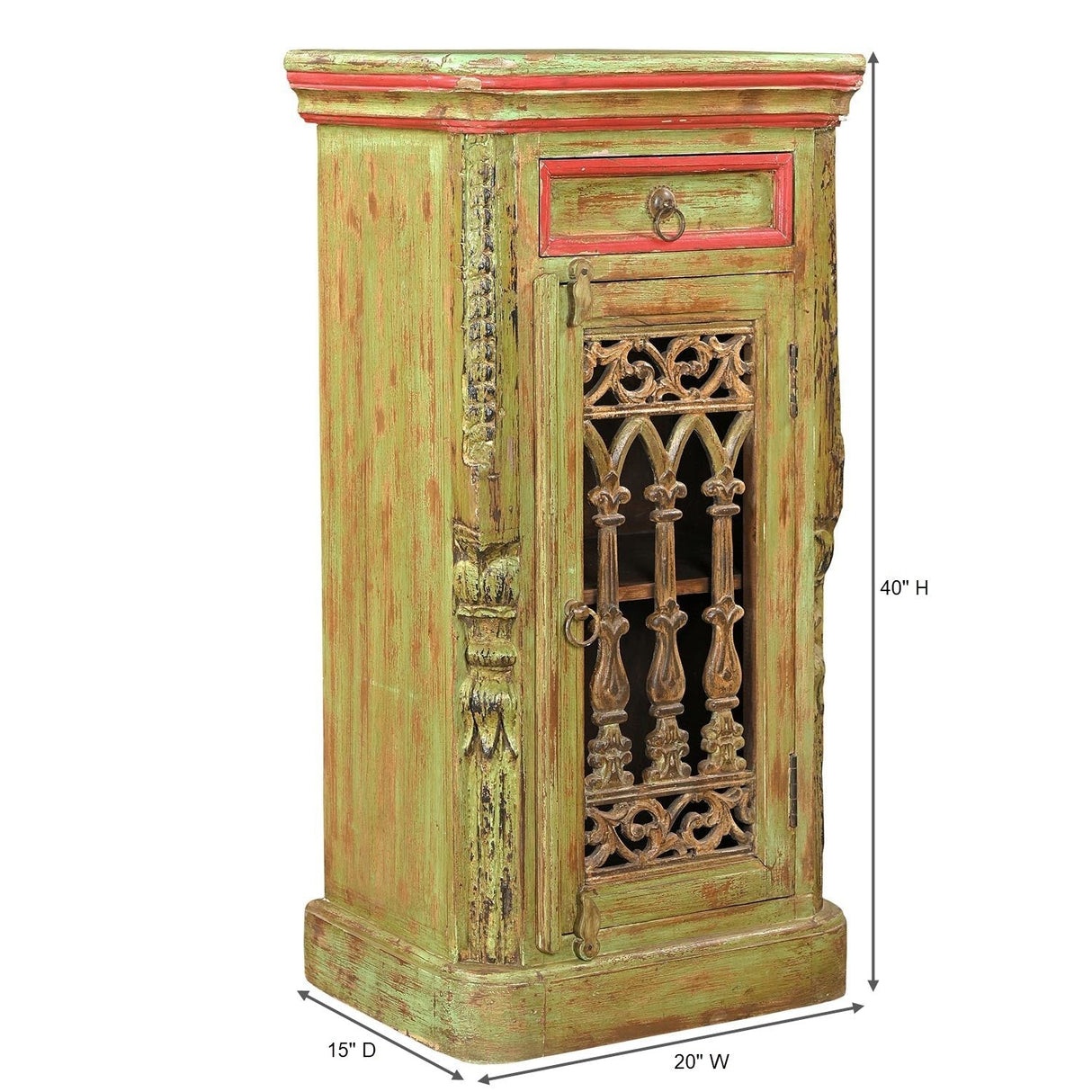Farmhouse Style Reclaimed Wood 40 in. Tall Distressed Green Cabinet With Iron Grill