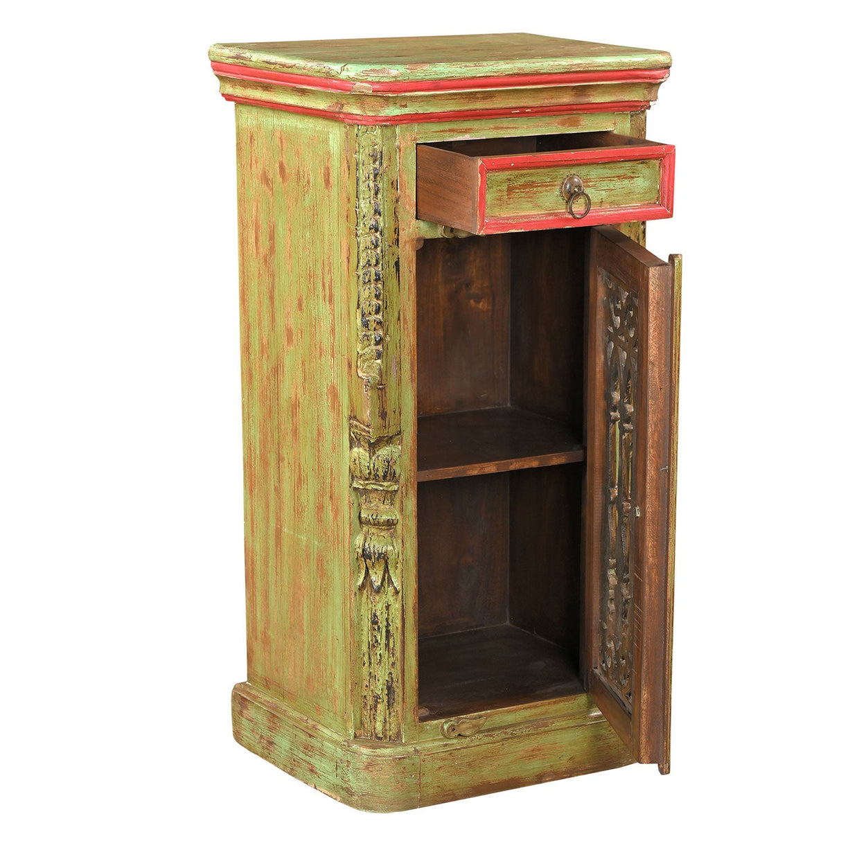 Farmhouse Style Reclaimed Wood 40 in. Tall Distressed Green Cabinet With Iron Grill