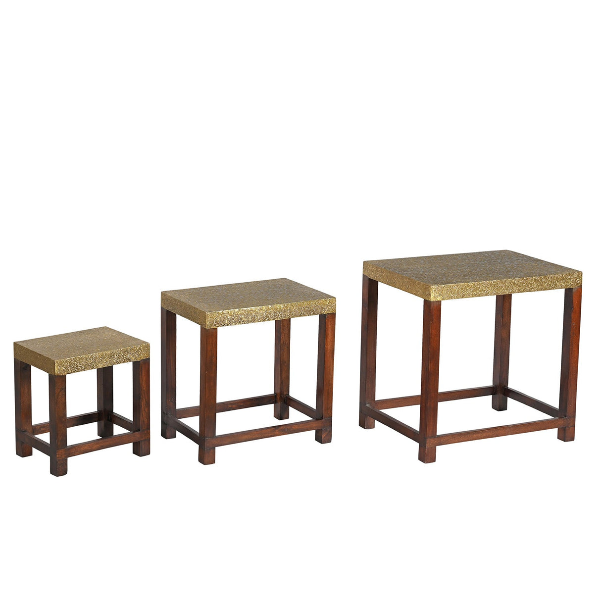 Elegant Brass Foil Cladded Solid Wood Nesting Tables- Set of 3