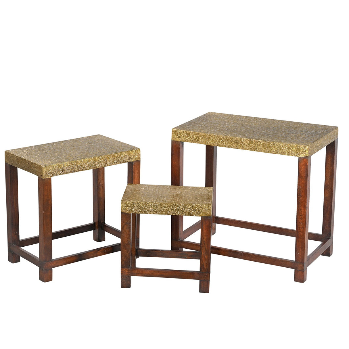 Elegant Brass Foil Cladded Solid Wood Nesting Tables- Set of 3