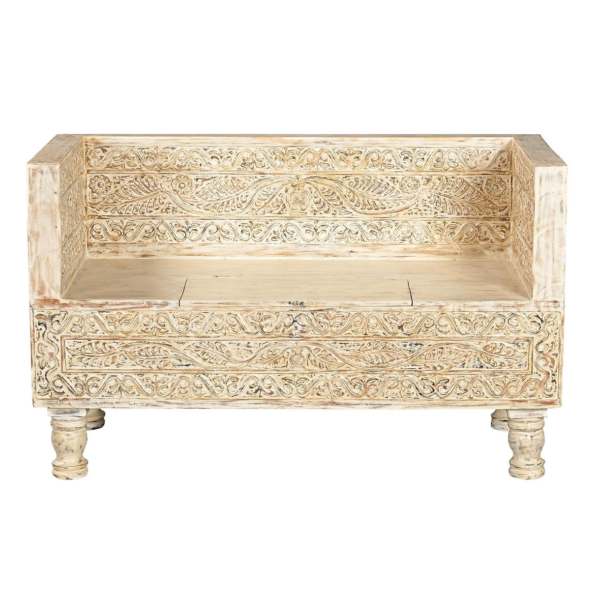 Elegantly Hand Carved Wooden Storage Bench Seat In Distressed White