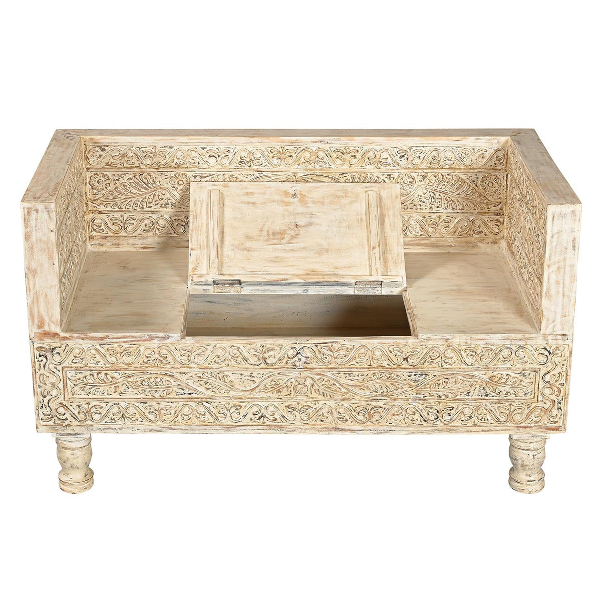 Elegantly Hand Carved Wooden Storage Bench Seat In Distressed White