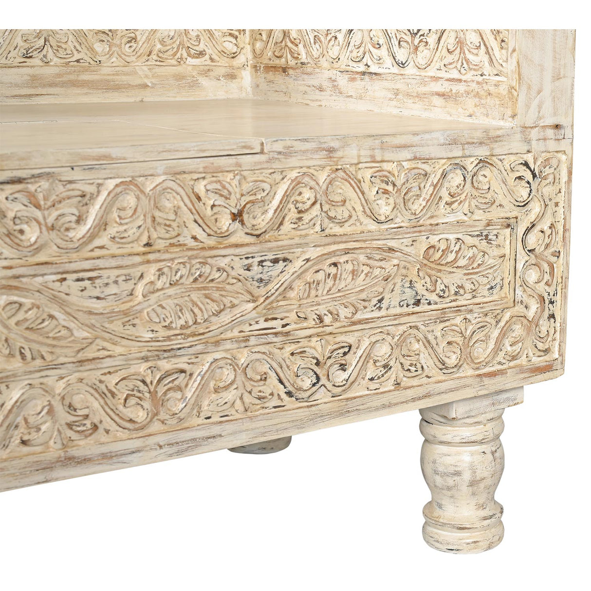 Elegantly Hand Carved Wooden Storage Bench Seat In Distressed White