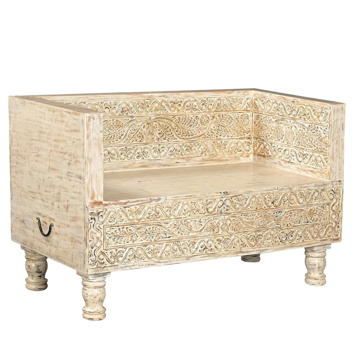 Elegantly Hand Carved Wooden Storage Bench Seat In Distressed White