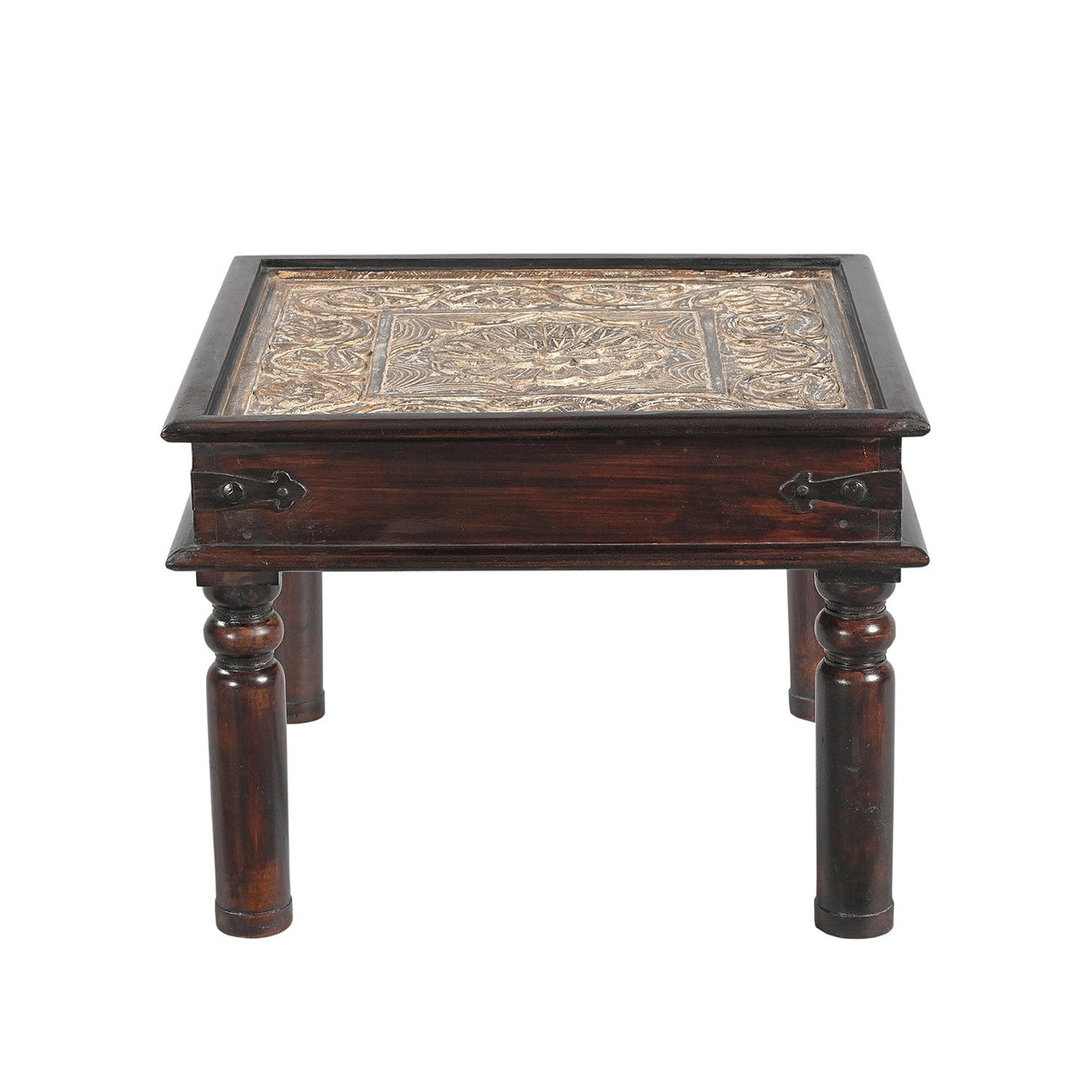 Farmhouse Style Hand Carved Wooden Panel Inset 24 in. Square End Table