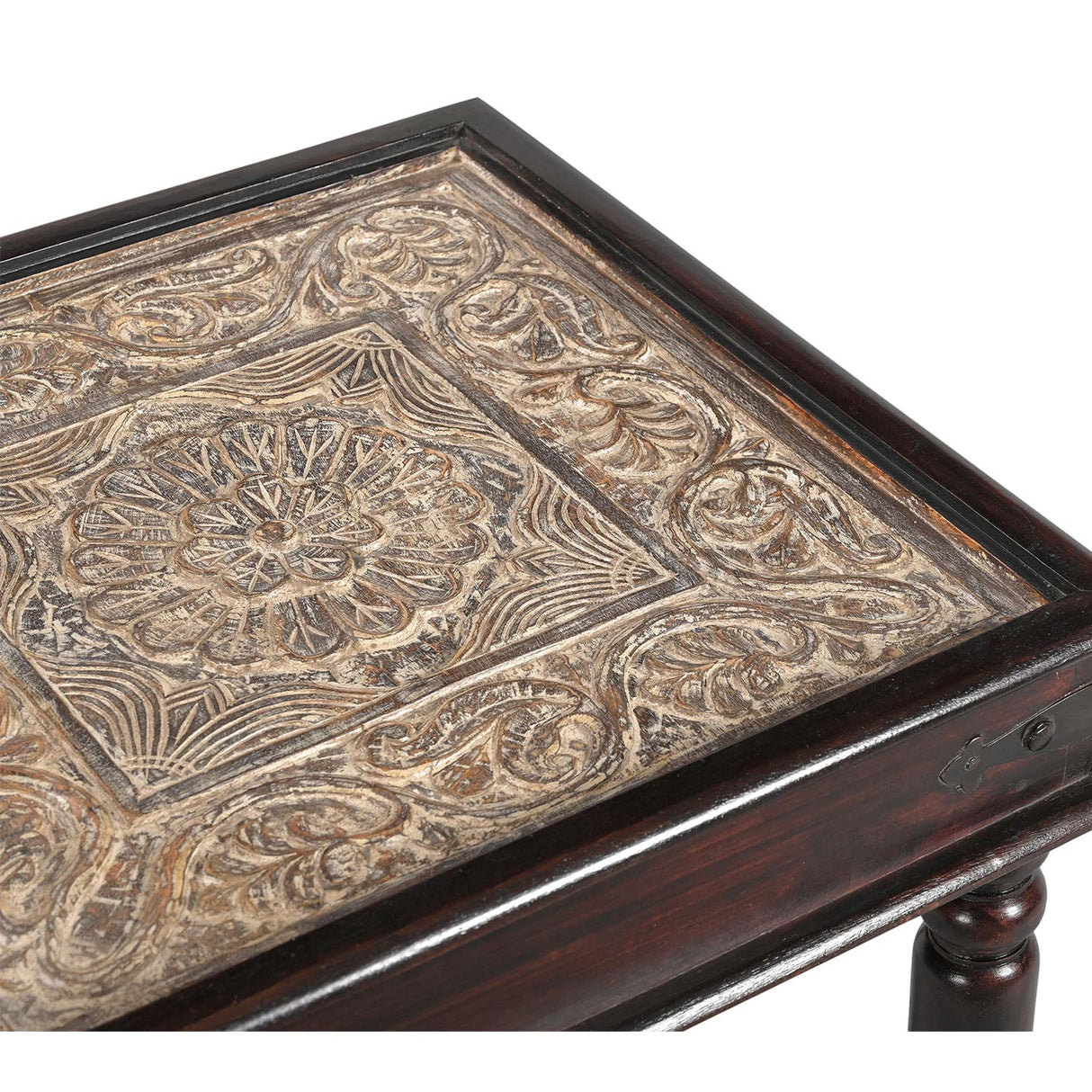 Farmhouse Style Hand Carved Wooden Panel Inset 24 in. Square End Table