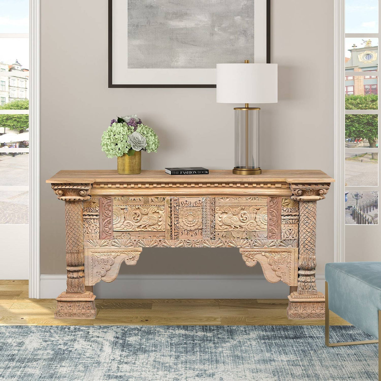 Heritage Style Antique Columns and Carvings Repurposed 72 in. Long Teak Wood Console Table