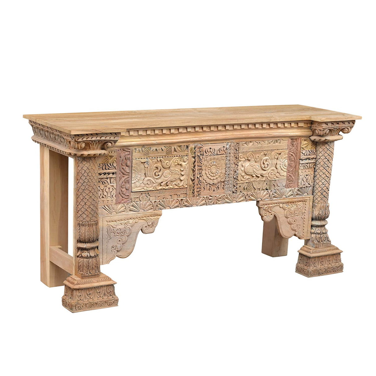 Heritage Style Antique Columns and Carvings Repurposed 72 in. Long Teak Wood Console Table