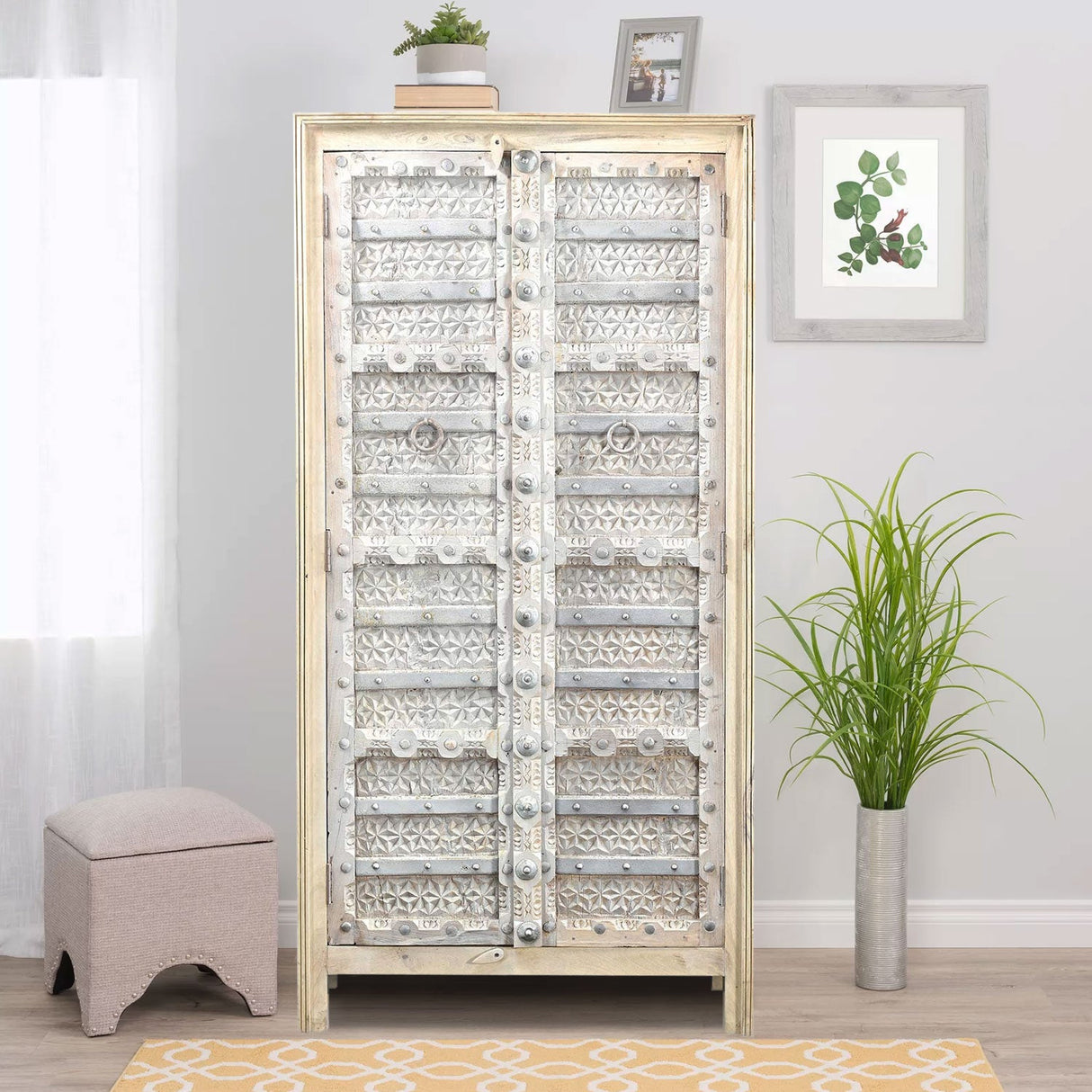 Farmhouse Style Solid Wood Antique Door Repurposed 68 in. Tall Armoire in Distressed White