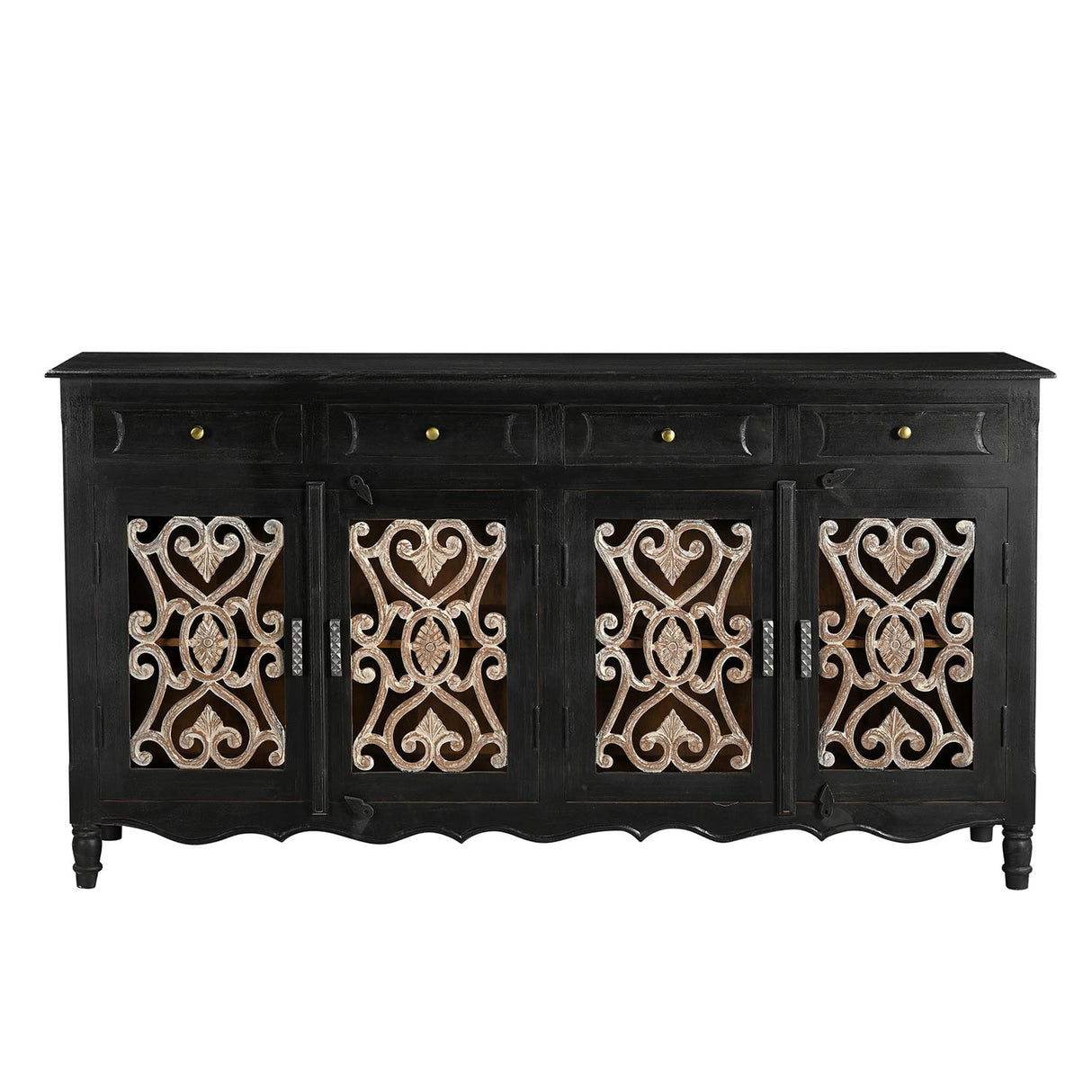 Farmhouse Style Rustic Iron Grill Solid Wood 71 in. Long Sideboard With Drawers