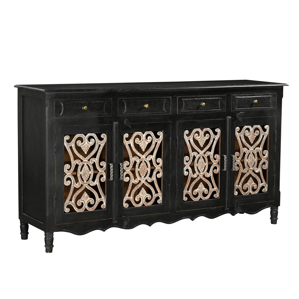 Farmhouse Style Rustic Iron Grill Solid Wood 71 in. Long Sideboard With Drawers