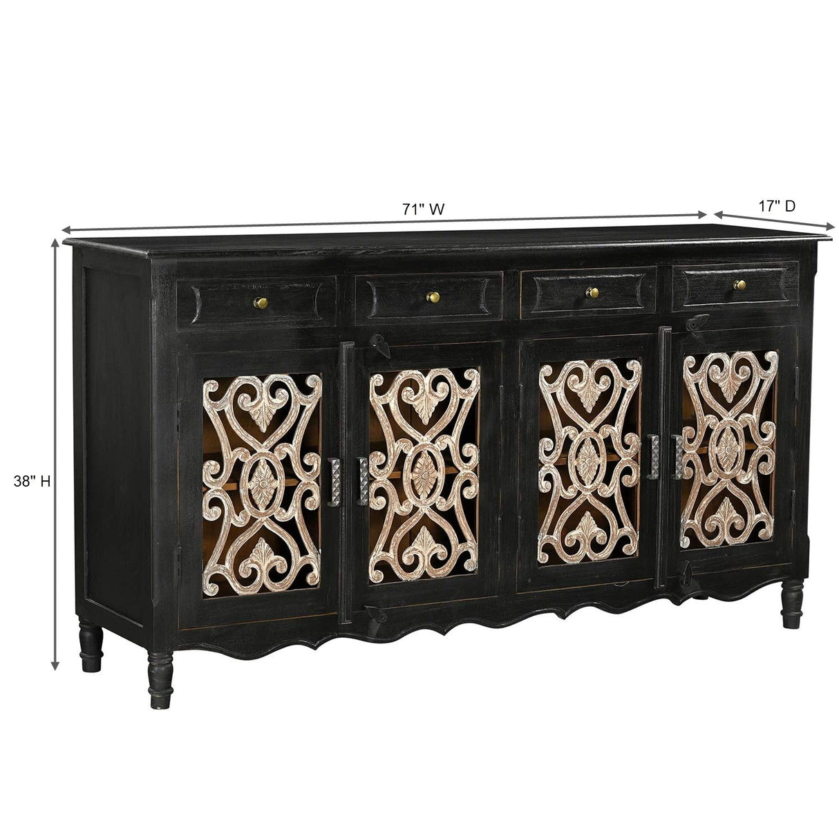 Farmhouse Style Rustic Iron Grill Solid Wood 71 in. Long Sideboard With Drawers