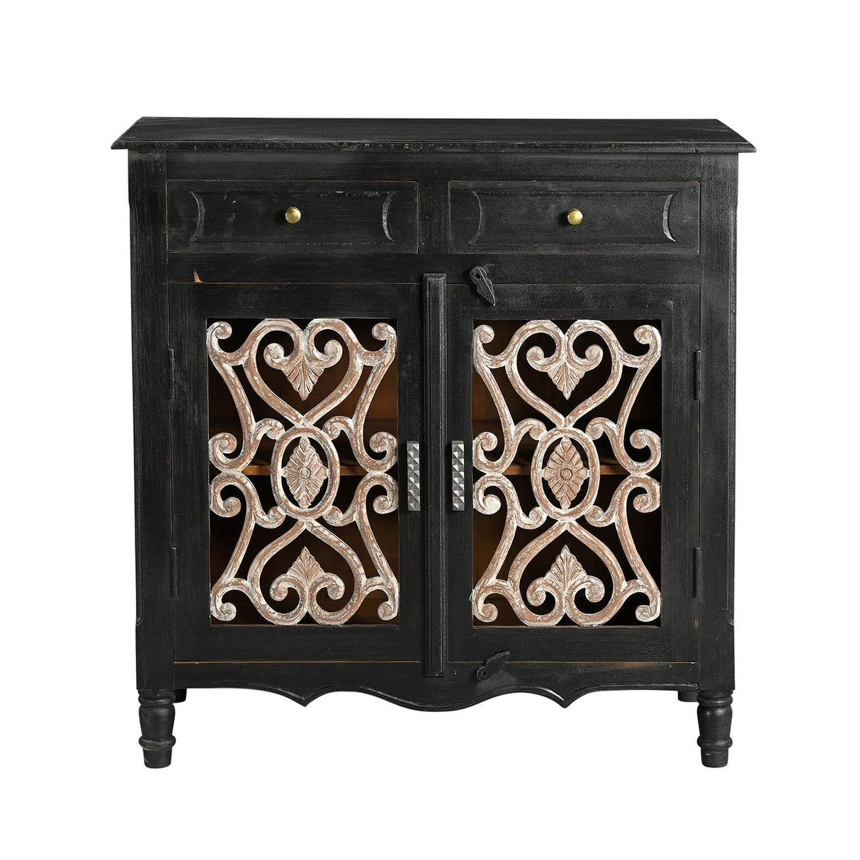 Farmhouse Style Rustic Iron Grill Solid Wood Cabinet With Drawers