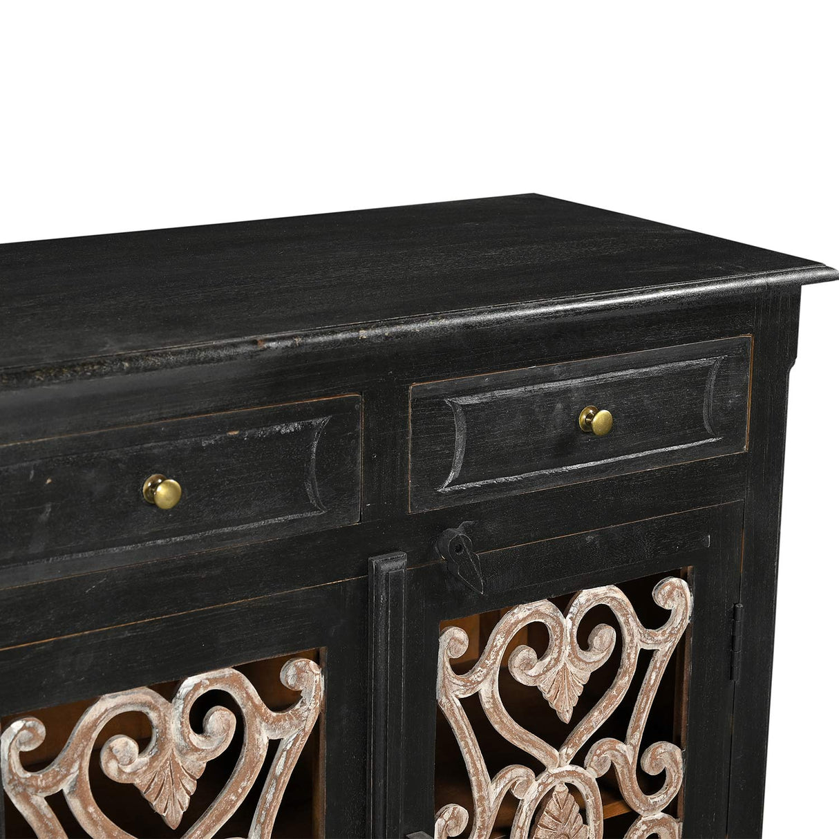 Farmhouse Style Rustic Iron Grill Solid Wood Cabinet With Drawers